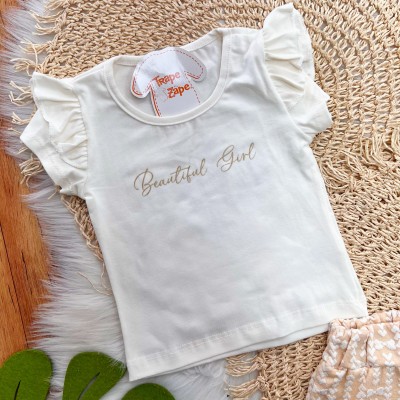 Conj. Blusa Beautiful Girl e Short Saia Corações - Off White e Salmão